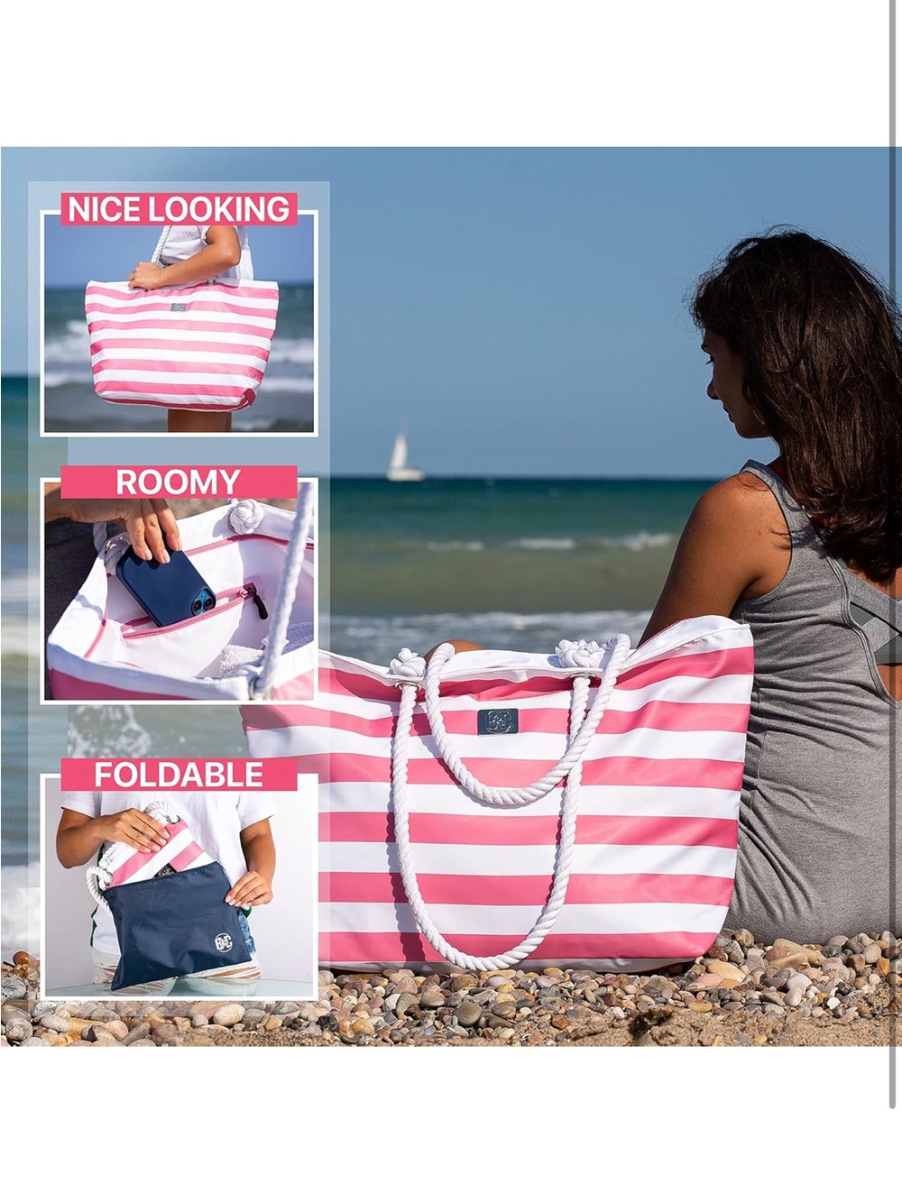 BANG&CARSEN Extra Large Beach Bag W/ Zipper Beach Tote For Women NWT blue - Picture 15 of 16